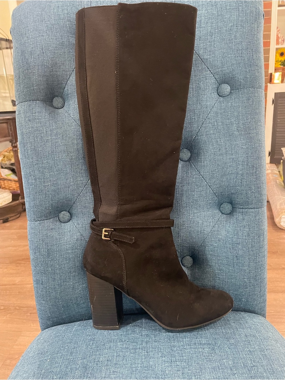 LC Lauren Conrad Black Knee-High Block Heel Boots with Buckle